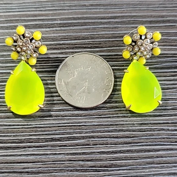 J.Crew Neon Green Gold Floral Drop Earrings - Picture 2 of 6